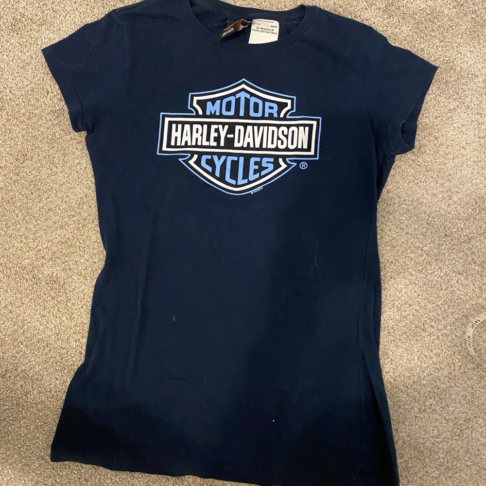 Womens M/L Harley Davidson SS tee.  Navy. Bar & Shield; Adventure HD, Dover OH